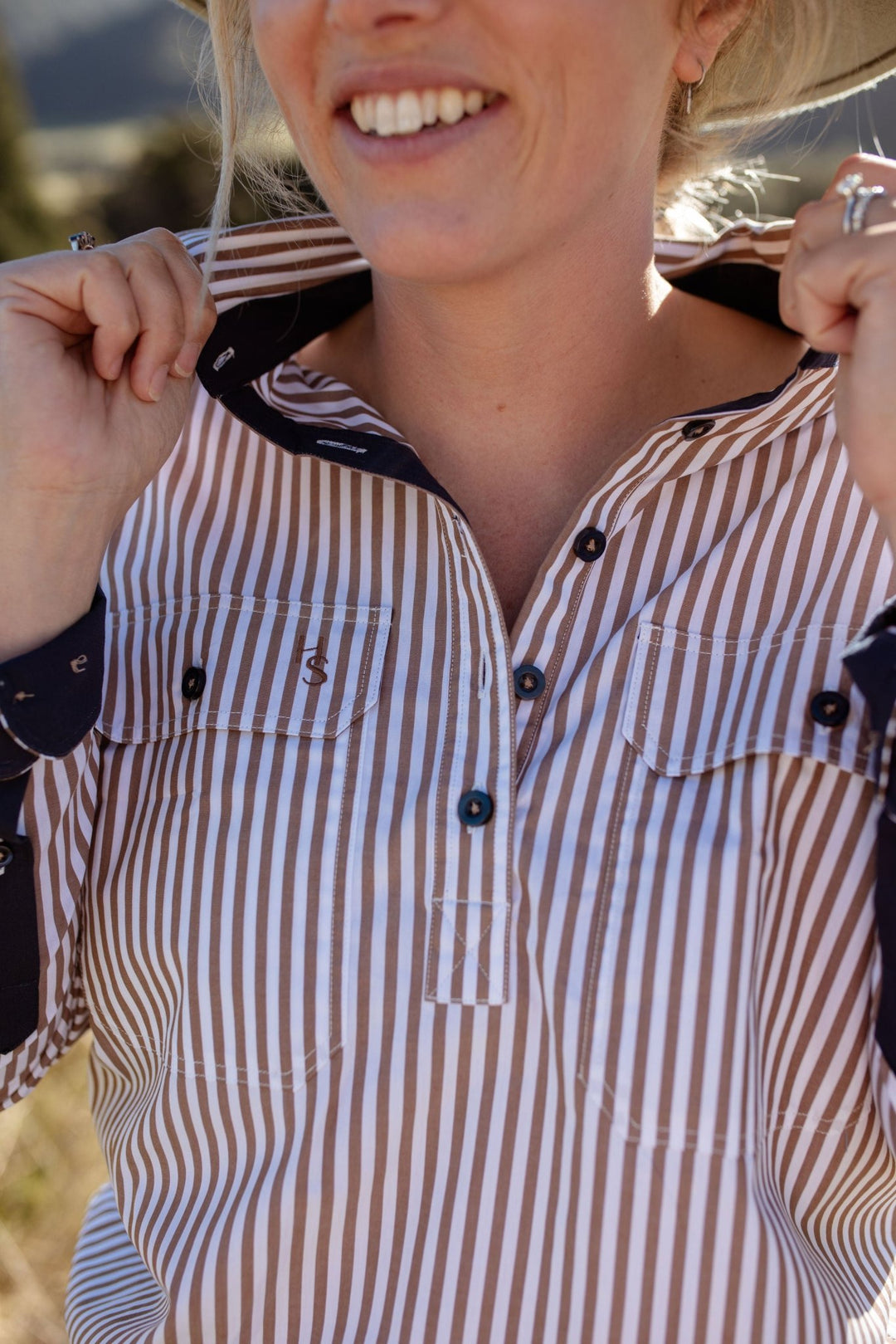 Heidi Workshirt in Mocha and White Stripe - H&S Heritage