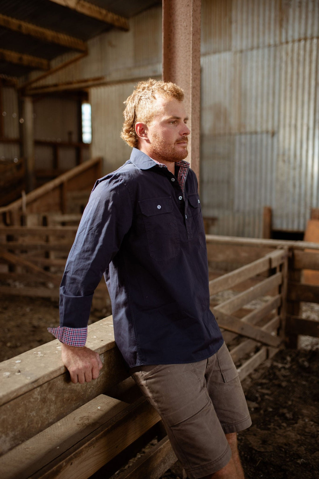 Albie Workshirt in Navy with Red Check - H&S Heritage