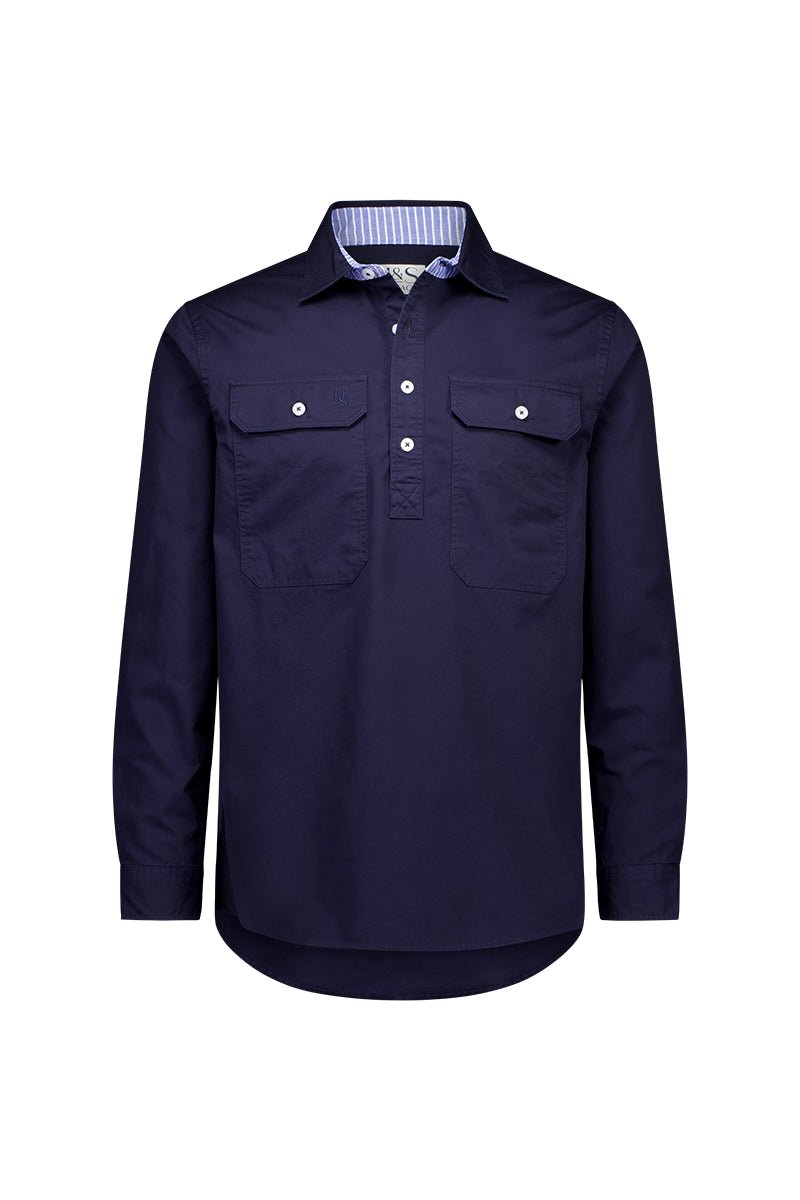 Albie Workshirt in Navy with Stripe Contrast - H&S Heritage