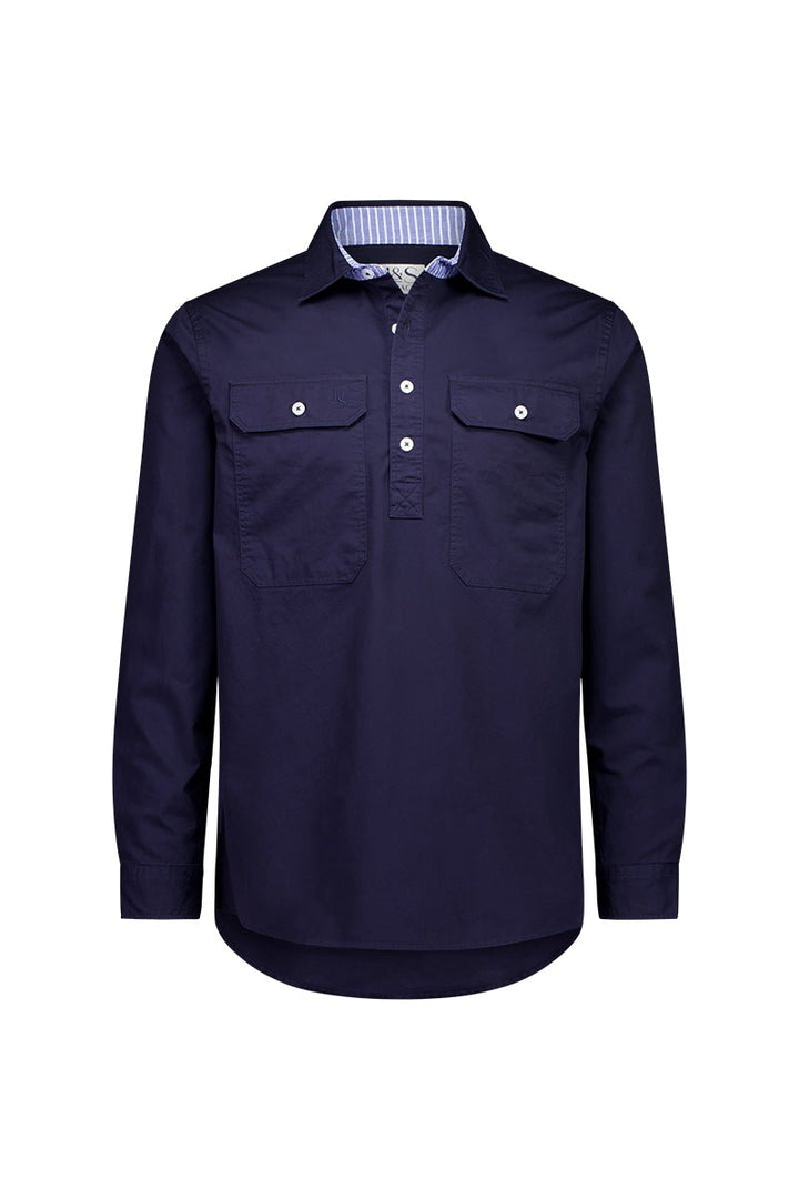 Albie Workshirt in Navy with Stripe Contrast - H&S Heritage
