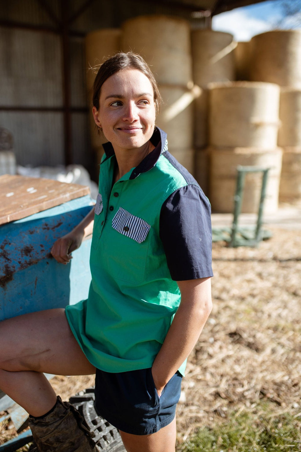 Alice Workshirt in Green and Navy - H&S Heritage