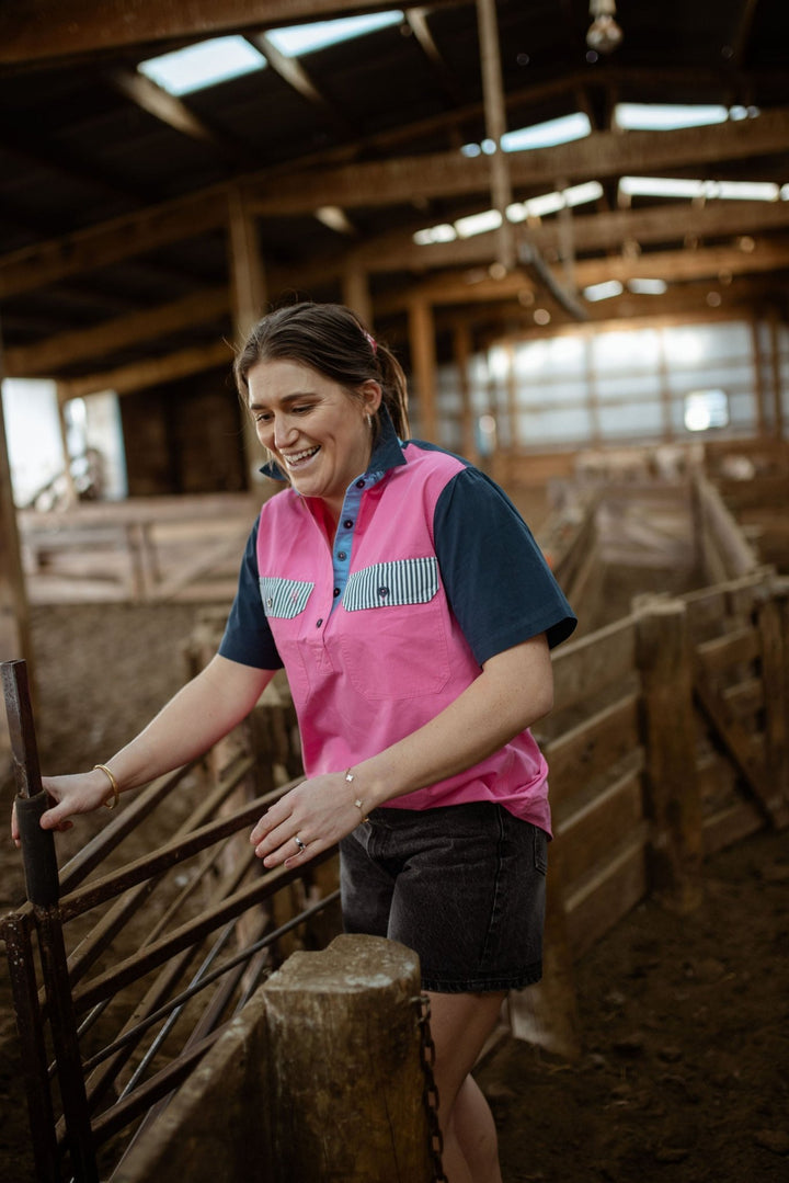 Alice Workshirt in Pink and Navy - H&S Heritage
