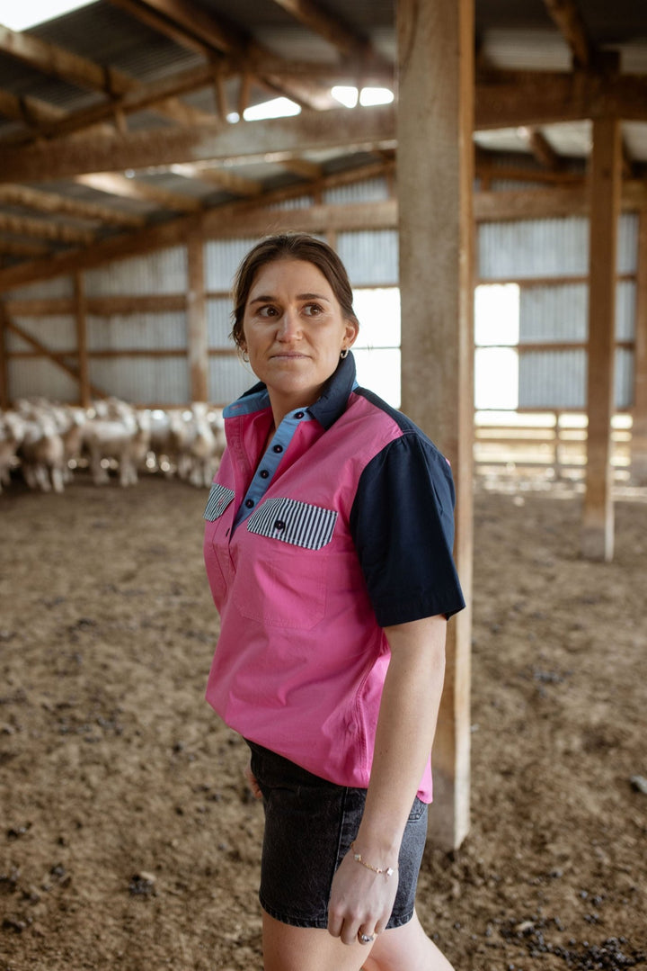 Alice Workshirt in Pink and Navy - H&S Heritage
