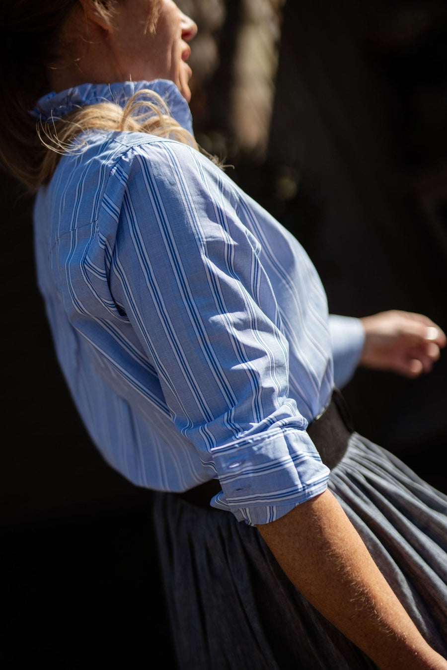 RUFFLE COLLAR A-LINE STRIPED TOPS main image 0