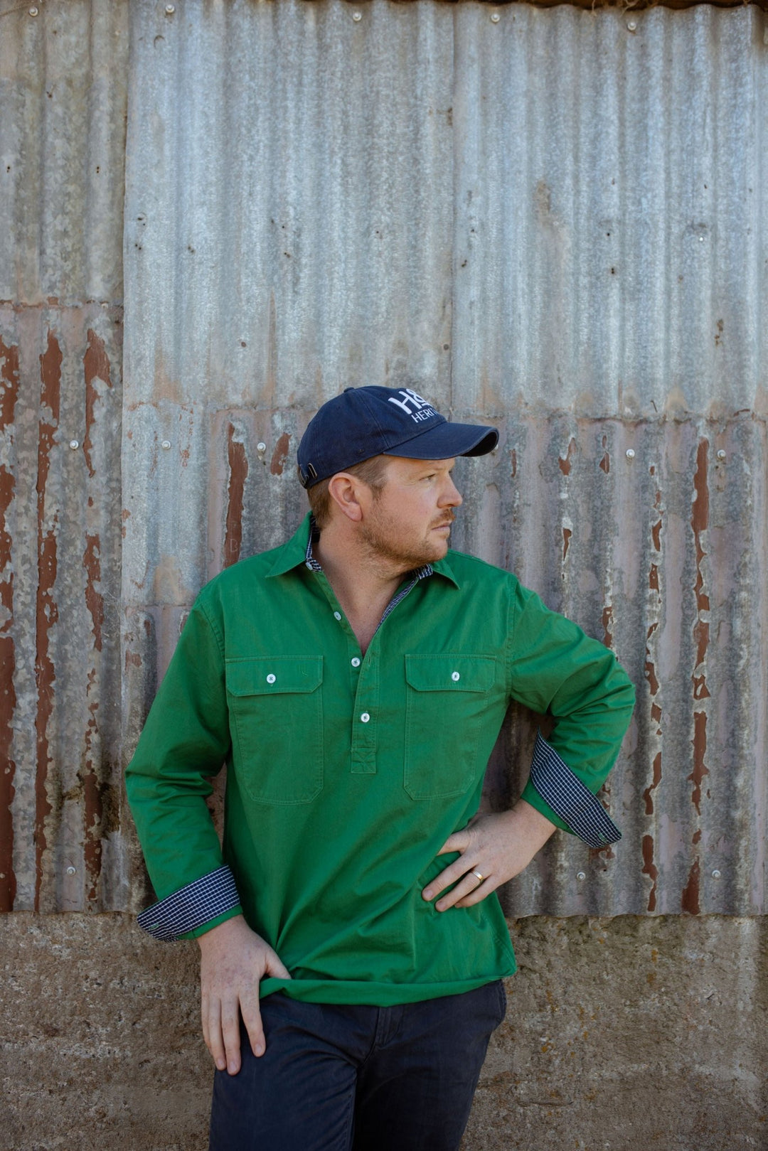 George Workshirt in Emerald with Check Contrast - Mid Weight - H&S Heritage
