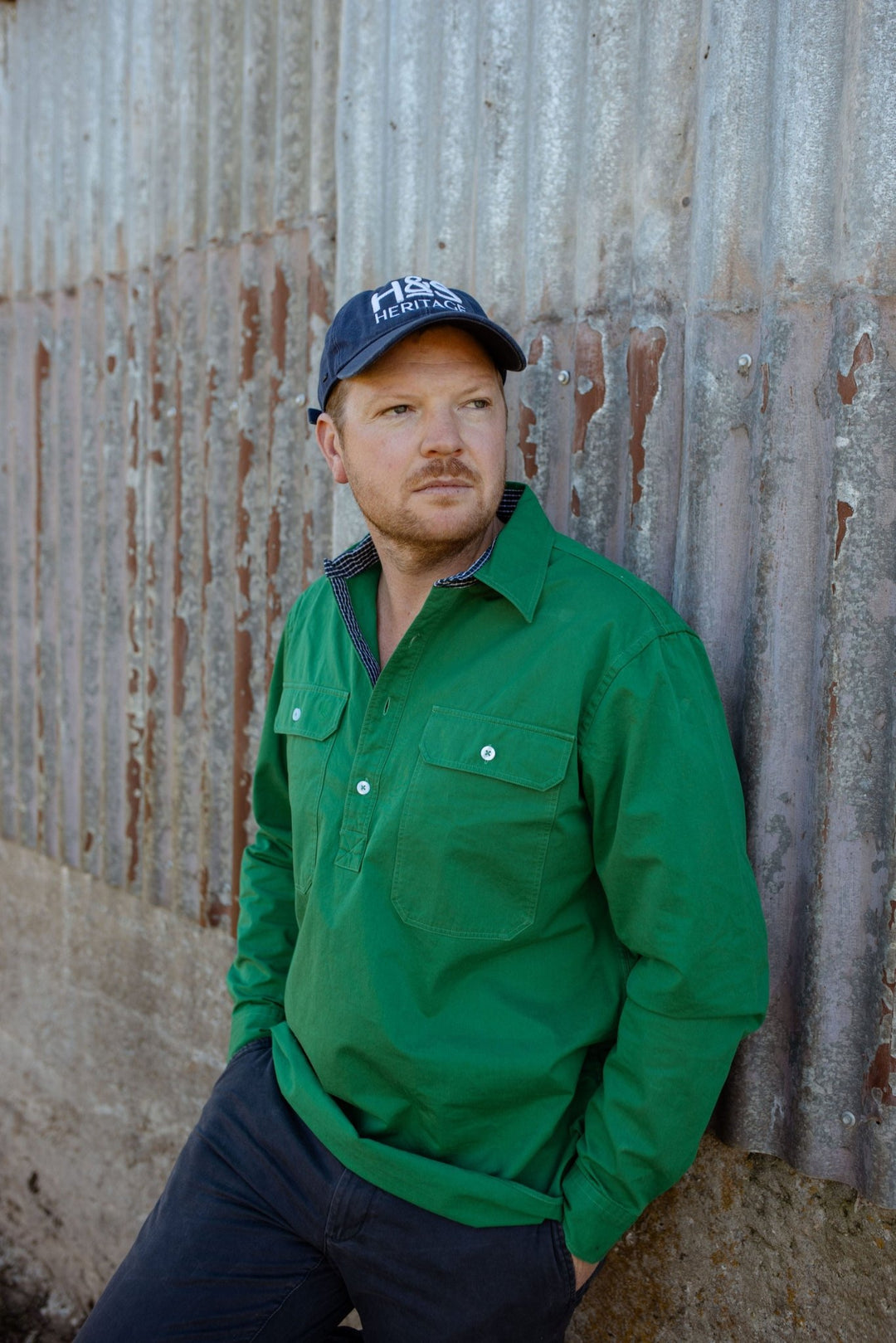 George Workshirt in Emerald with Check Contrast - Mid Weight - H&S Heritage