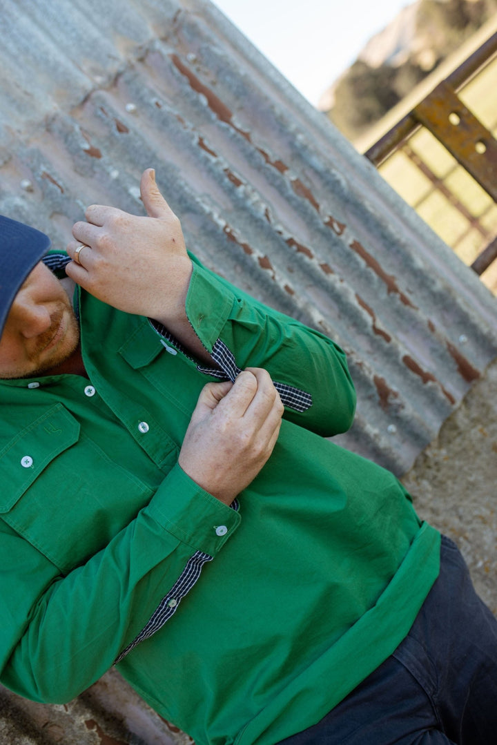 George Workshirt in Emerald with Check Contrast - Mid Weight - H&S Heritage