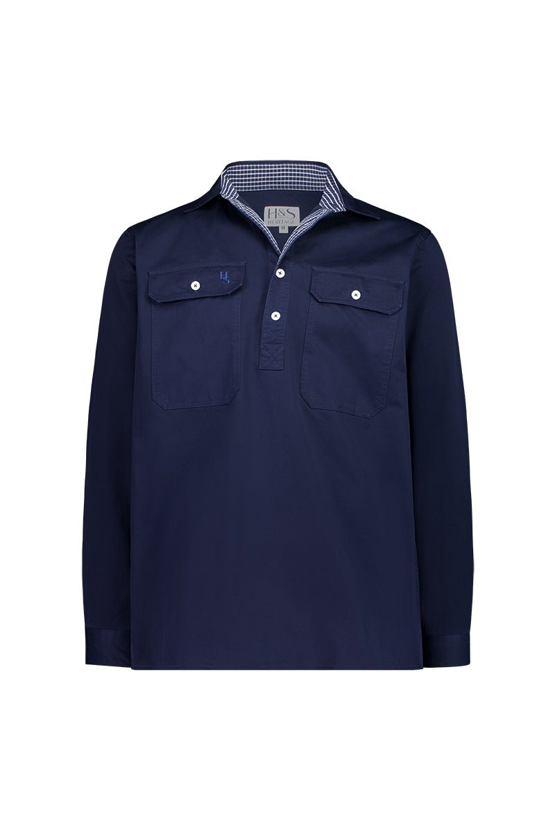 George Workshirt in Navy with Check Contrast - Mid Weight - H&S Heritage