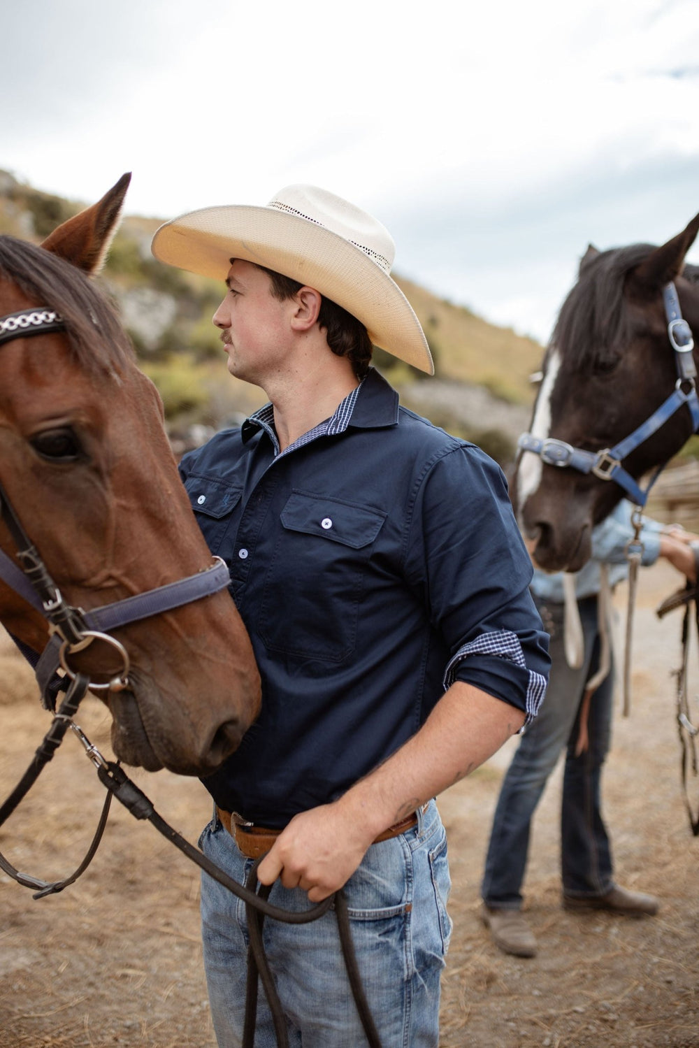 George Workshirt in Navy with Check Contrast - Mid Weight - H&S Heritage
