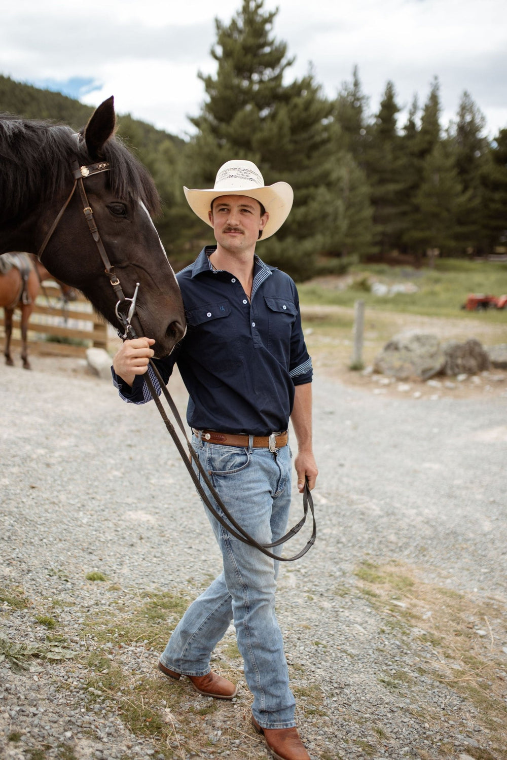 George Workshirt in Navy with Check Contrast - Mid Weight - H&S Heritage