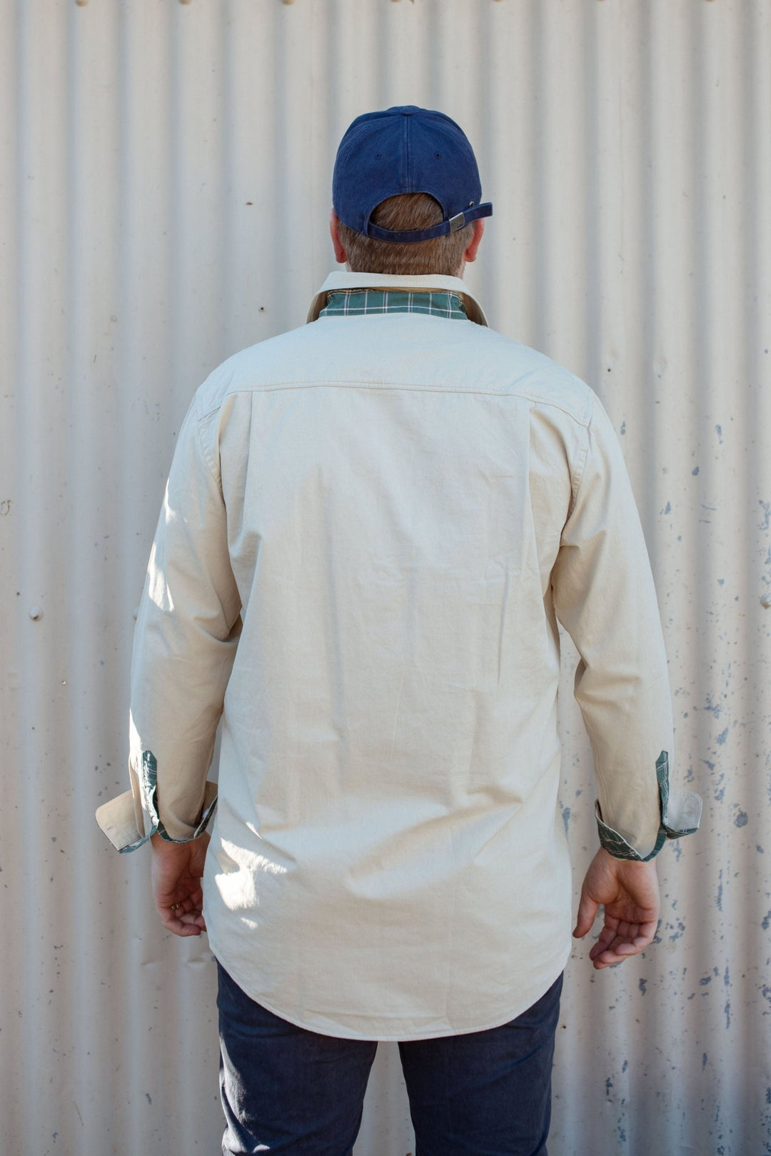 George Workshirt in Stone with Check Contrast - Mid Weight - H&S Heritage