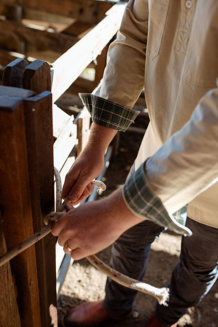 George Workshirt in Stone with Check Contrast - Mid Weight - H&S Heritage