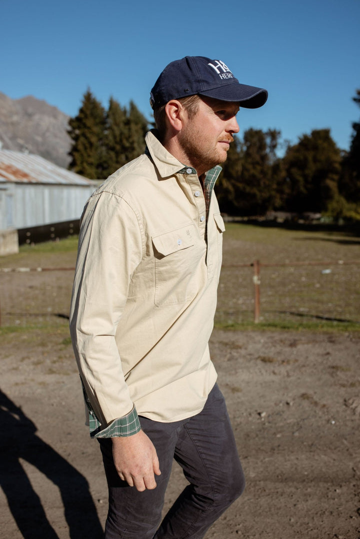 George Workshirt in Stone with Check Contrast - Mid Weight - H&S Heritage