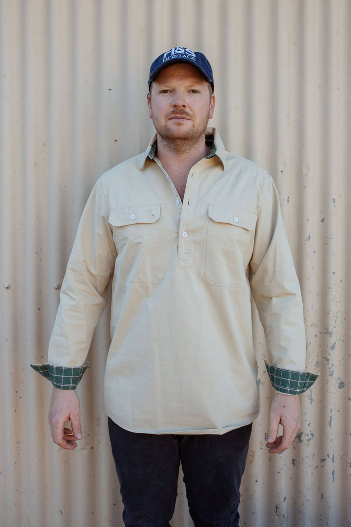 George Workshirt in Stone with Check Contrast - Mid Weight - H&S Heritage