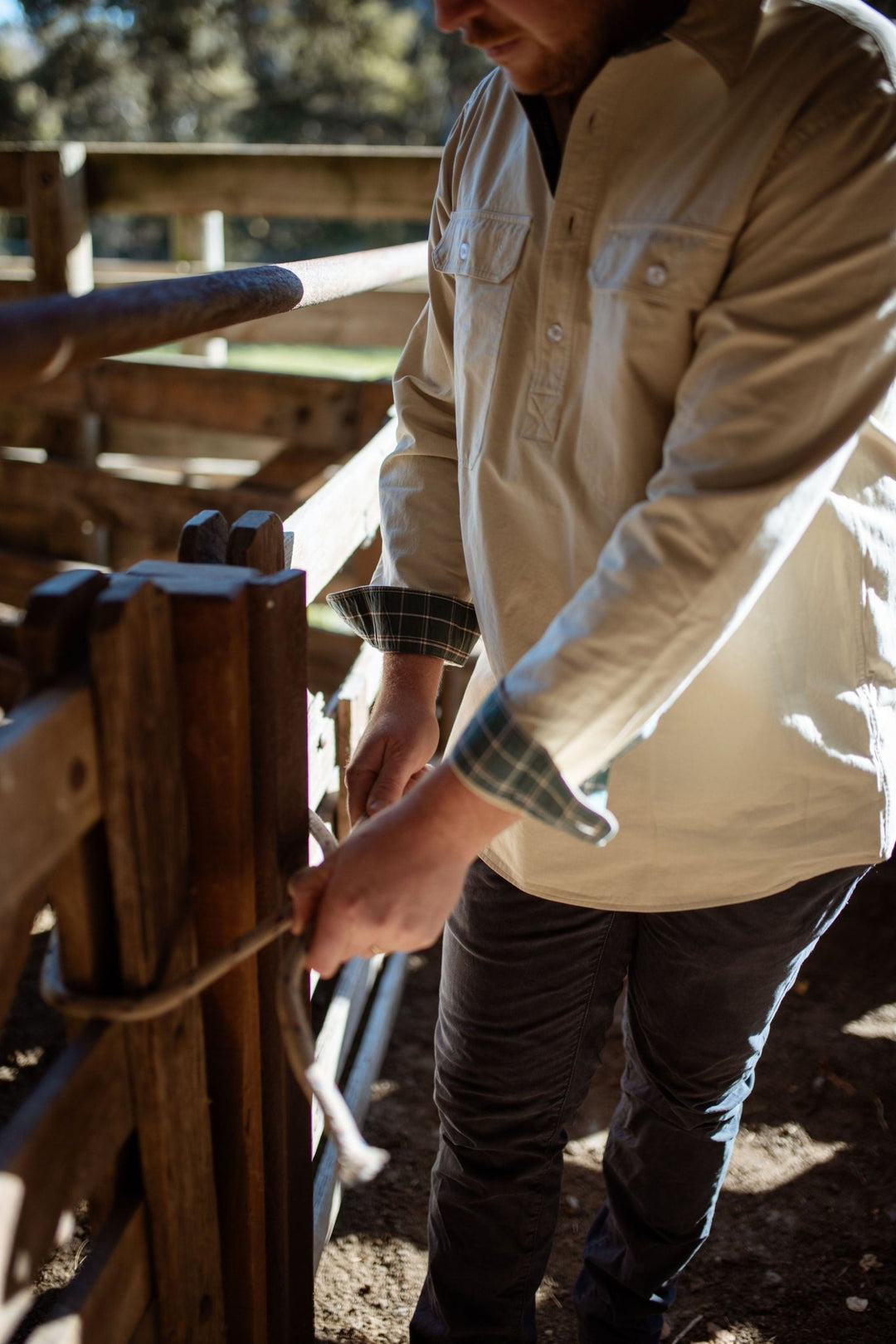 George Workshirt in Stone with Check Contrast - Mid Weight - H&S Heritage