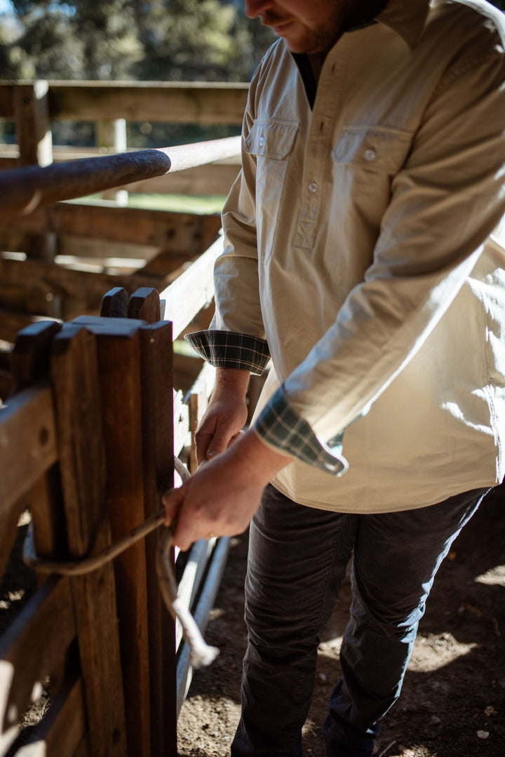 George Workshirt in Stone with Check Contrast - Mid Weight - H&S Heritage