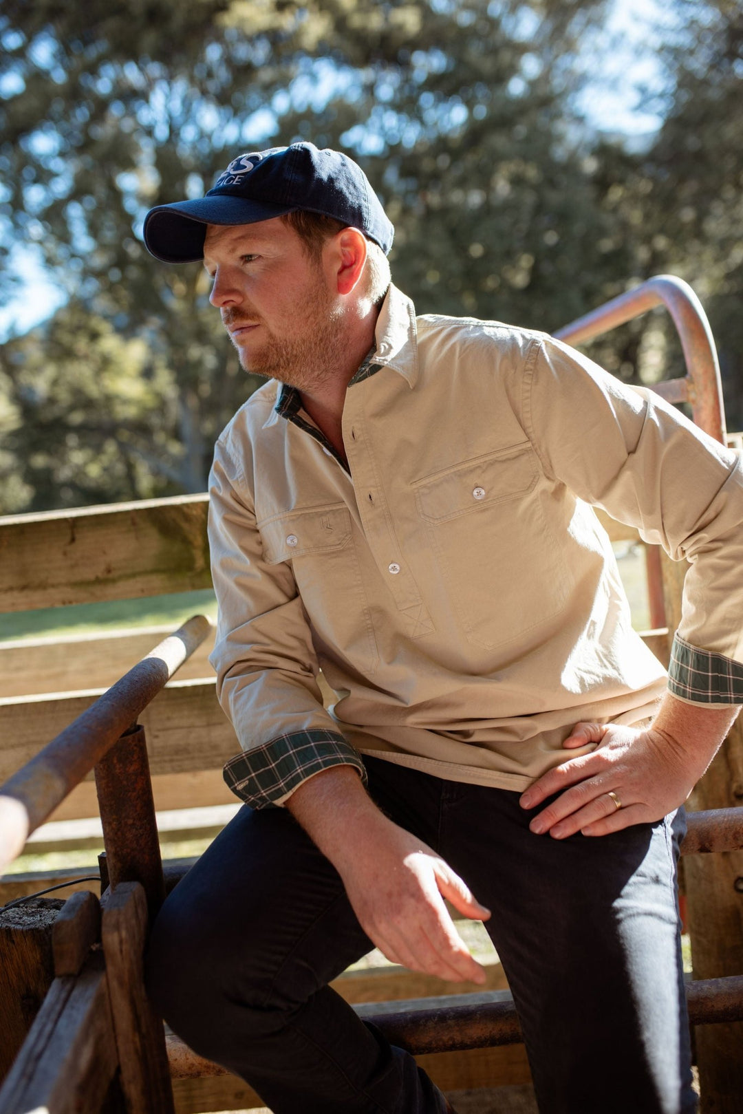 George Workshirt in Stone with Check Contrast - Mid Weight - H&S Heritage