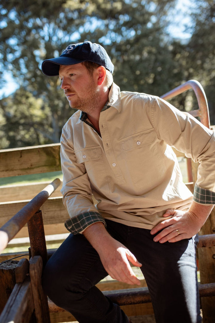 George Workshirt in Stone with Check Contrast - Mid Weight - H&S Heritage