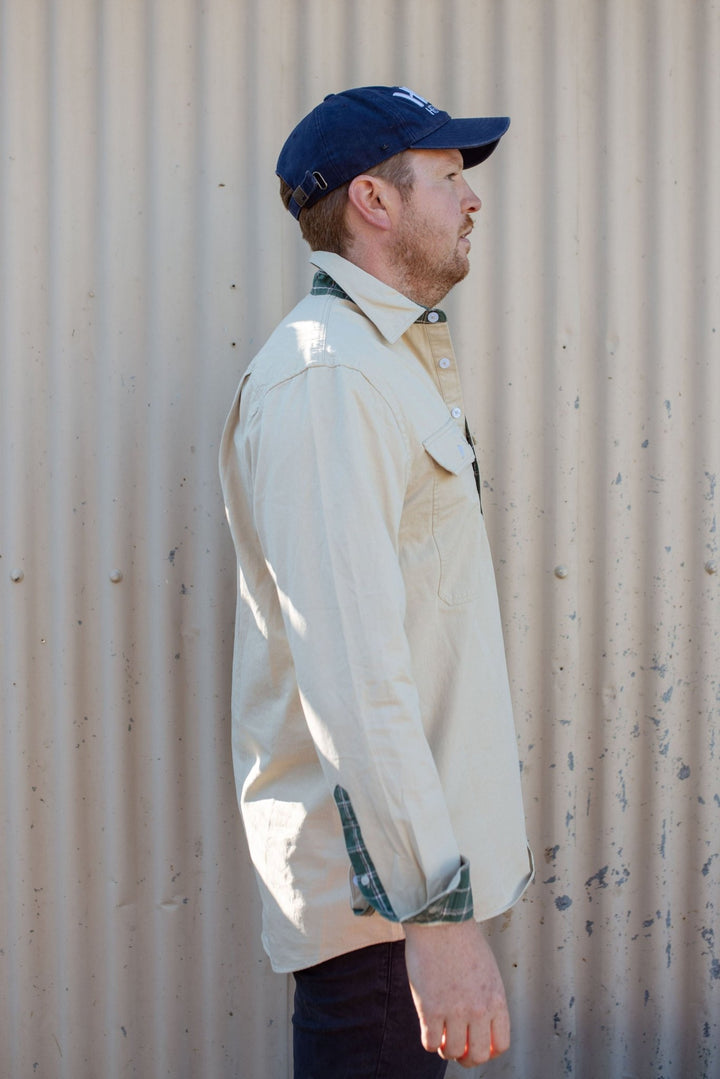 George Workshirt in Stone with Check Contrast - Mid Weight - H&S Heritage