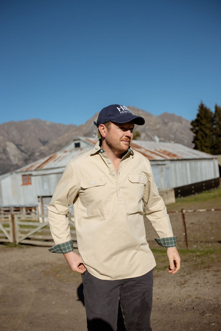 George Workshirt in Stone with Check Contrast - Mid Weight - H&S Heritage