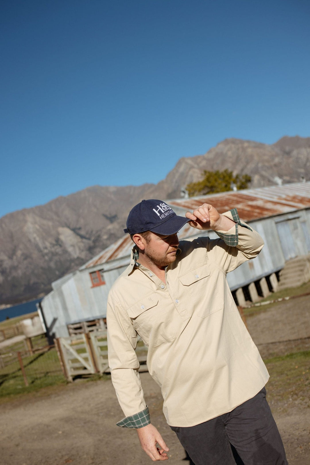 George Workshirt in Stone with Check Contrast - Mid Weight - H&S Heritage