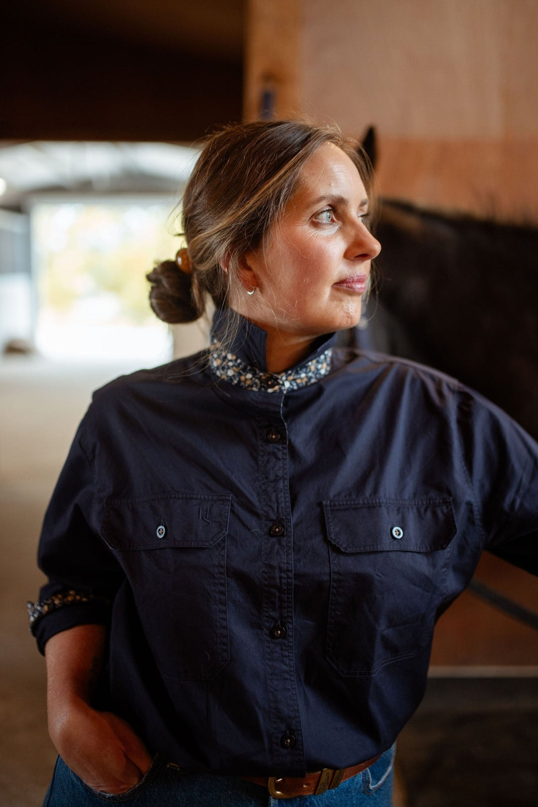 Heidi Button Through Workshirt in Navy - H&S Heritage