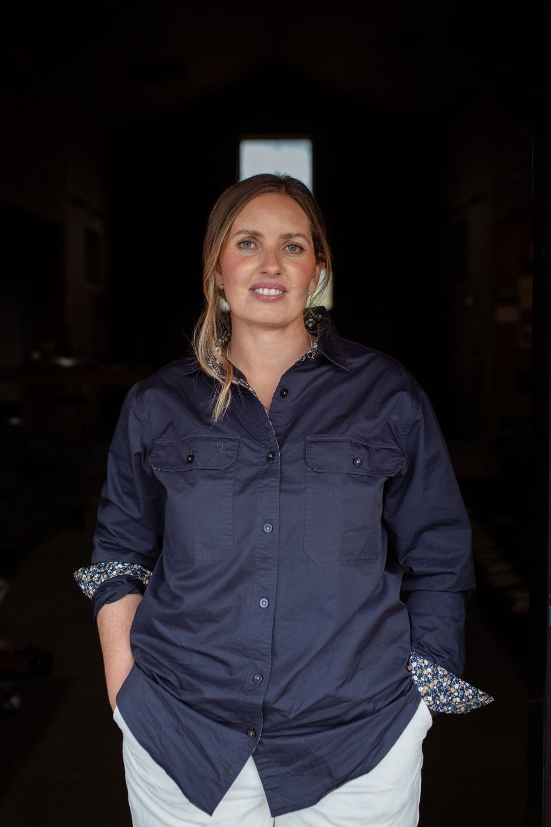 Heidi Button Through Workshirt in Navy - H&S Heritage