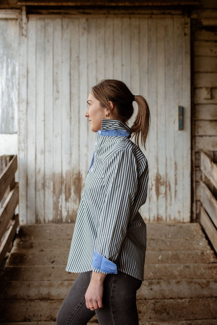 Heidi Workshirt in Green and White Stripe - H&S Heritage