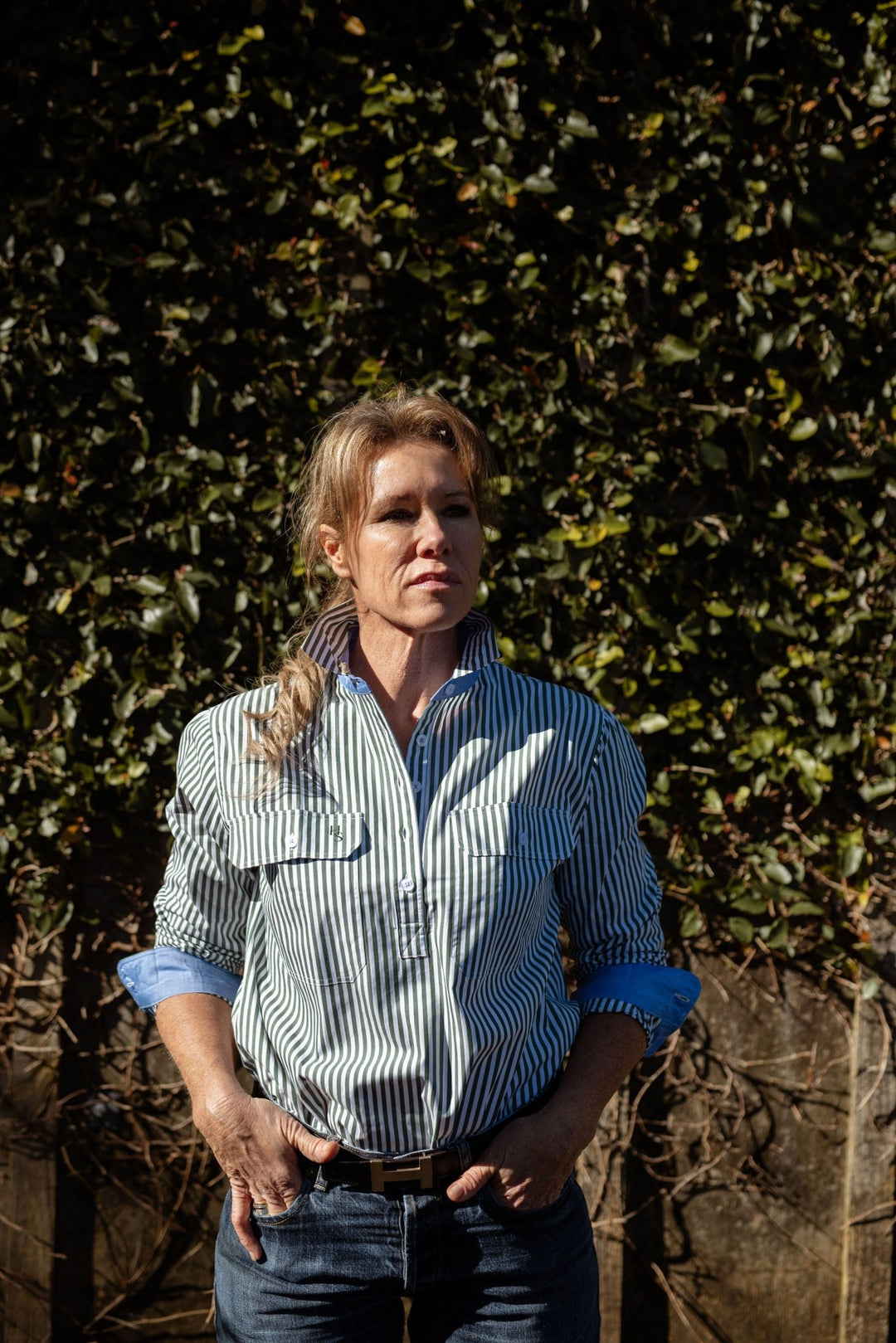 Heidi Workshirt in Green and White Stripe - H&S Heritage