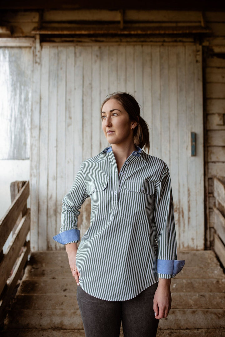 Heidi Workshirt in Green and White Stripe - H&S Heritage