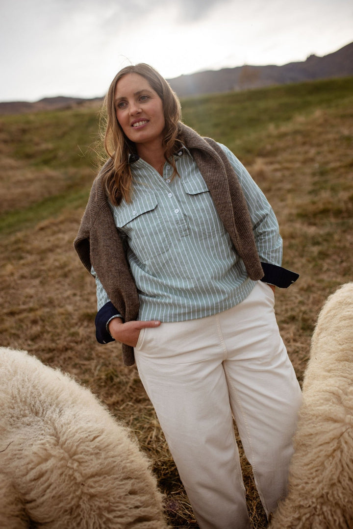 Heidi Workshirt in Green Stripe Oxford Cotton - H&S Heritage