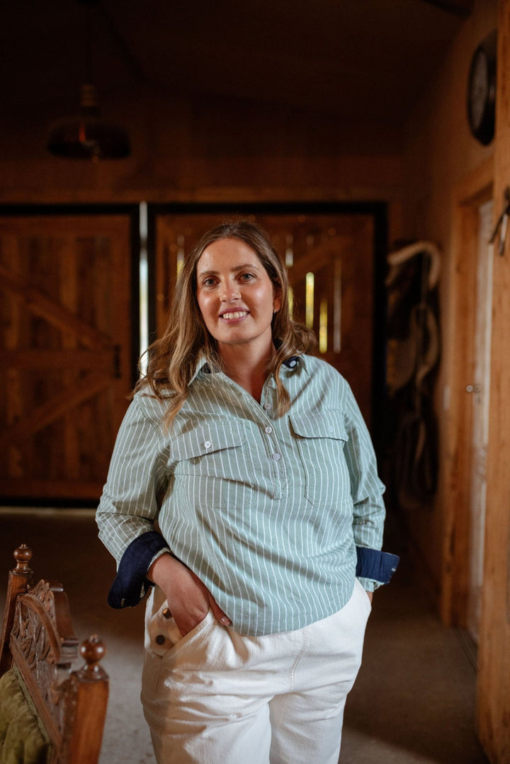 Heidi Workshirt in Green Stripe Oxford Cotton - H&S Heritage