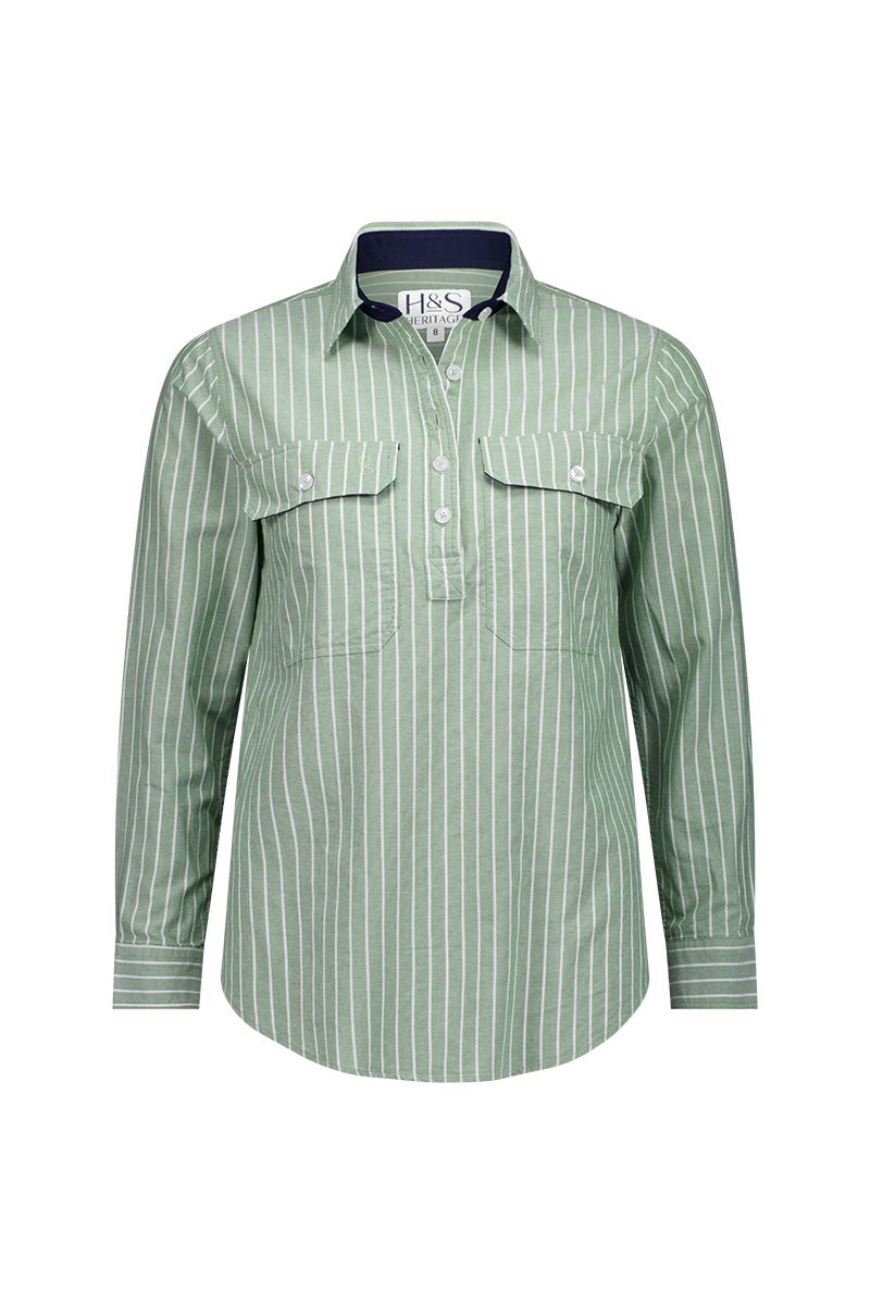 Heidi Workshirt in Green Stripe Oxford Cotton - H&S Heritage