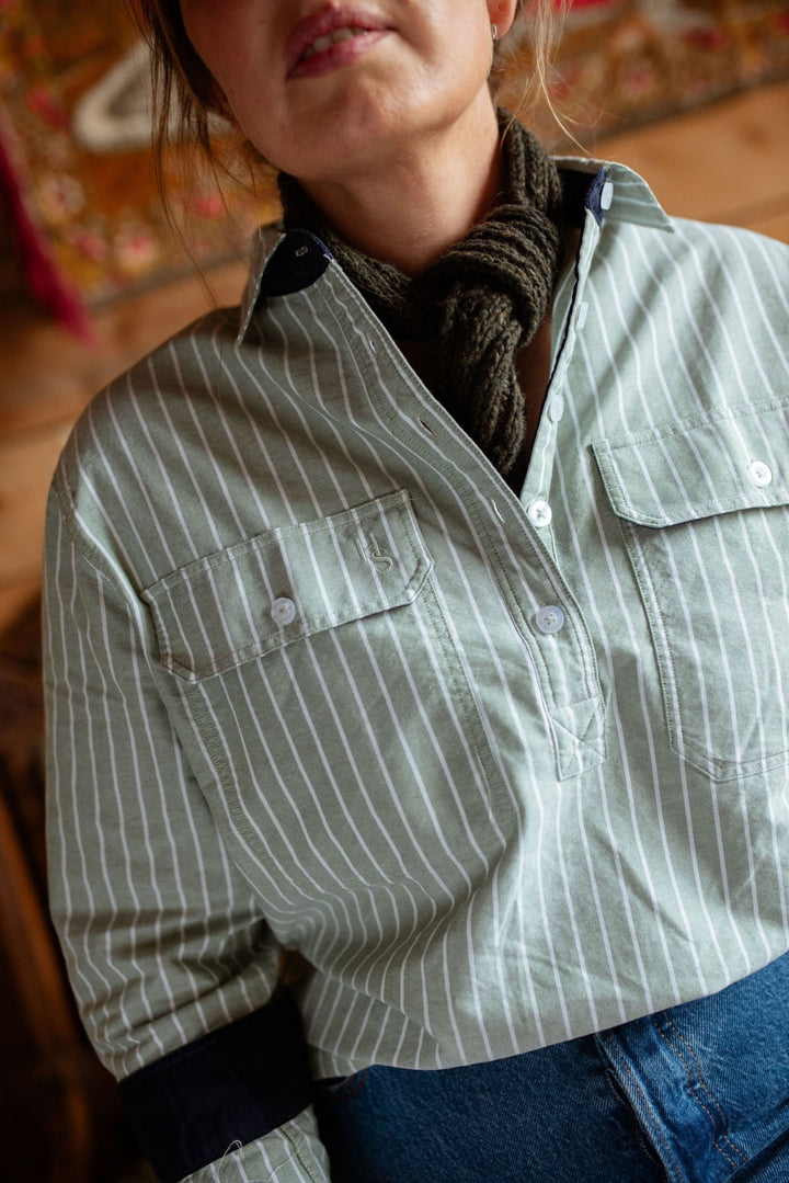 Heidi Workshirt in Green Stripe Oxford Cotton - H&S Heritage