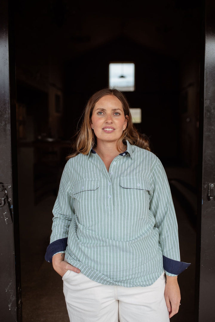 Heidi Workshirt in Green Stripe Oxford Cotton - H&S Heritage