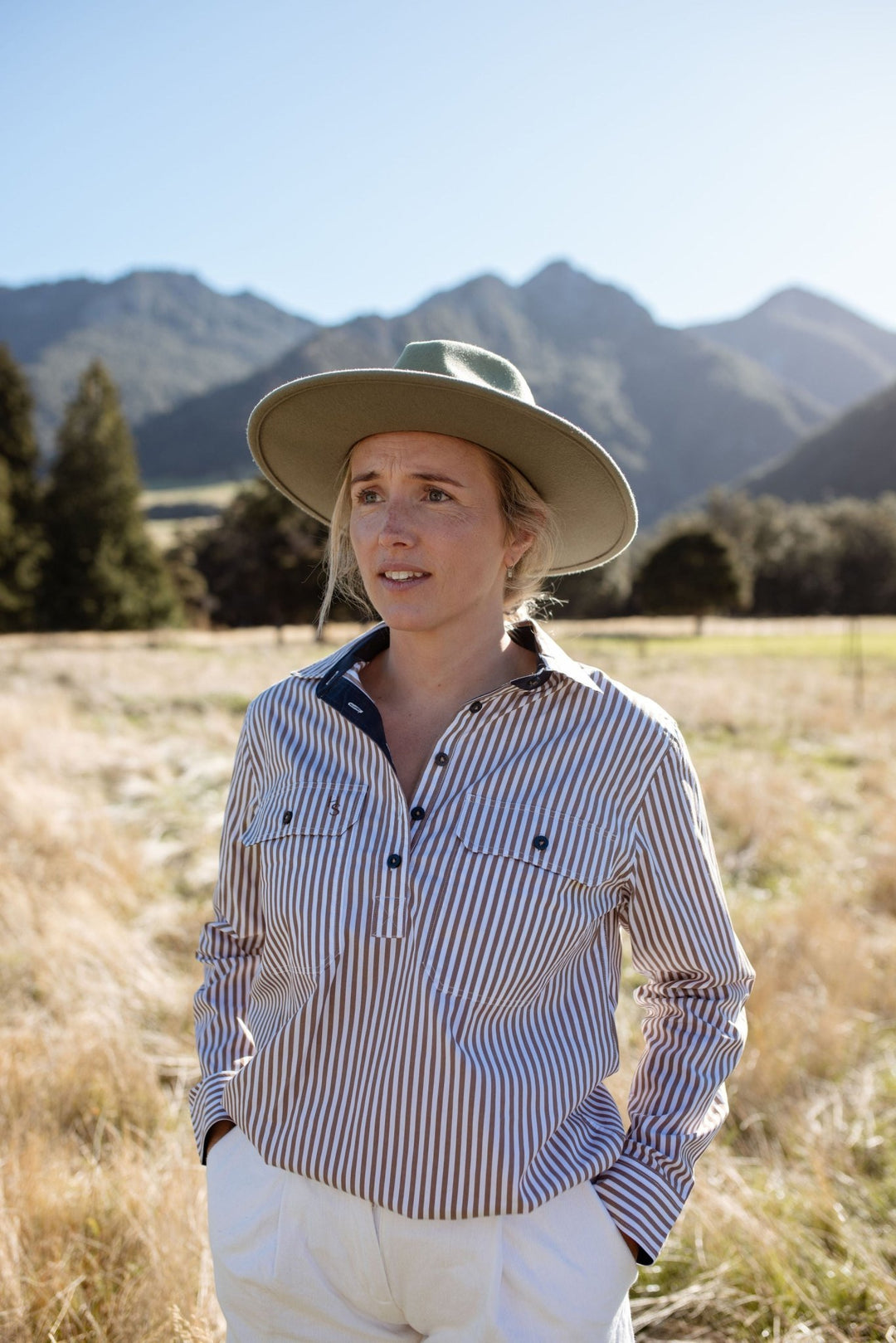 Heidi Workshirt in Mocha and White Stripe - H&S Heritage
