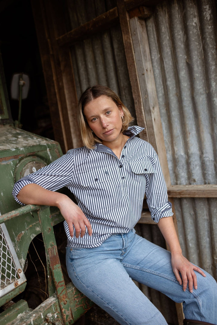 Heidi Workshirt in Navy and White Stripe - H&S Heritage