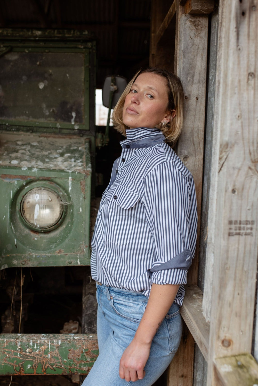 Heidi Workshirt in Navy and White Stripe - H&S Heritage
