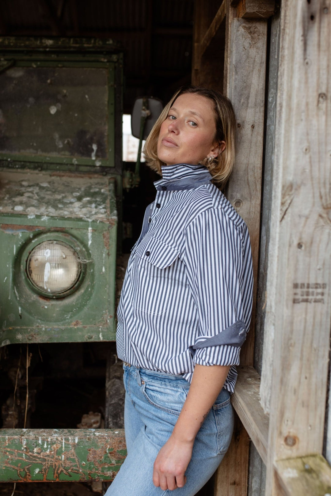 Heidi Workshirt in Navy and White Stripe - H&S Heritage