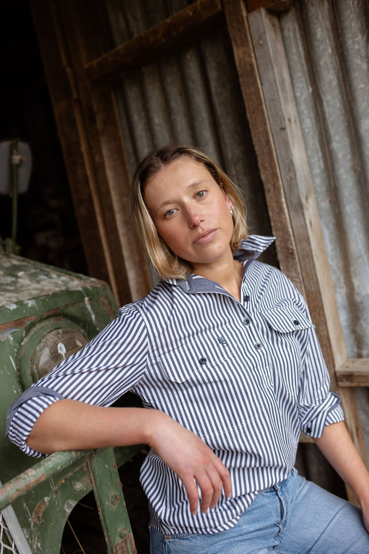 Heidi Workshirt in Navy and White Stripe - H&S Heritage
