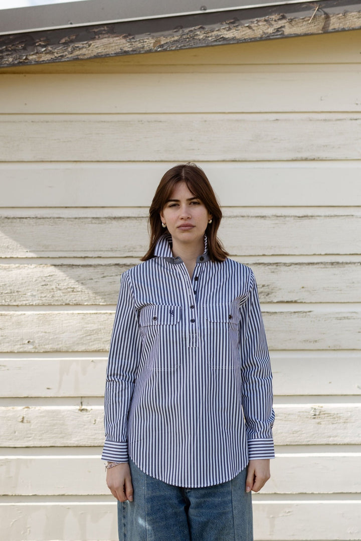 Heidi Workshirt in Navy and White Stripe - H&S Heritage