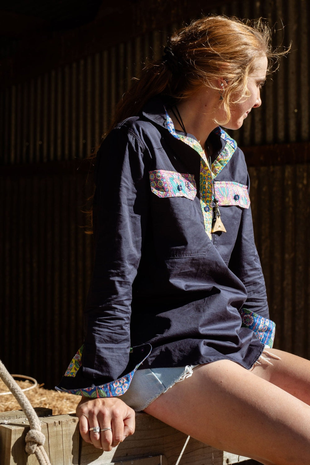 Heidi Workshirt in Navy with Floral - H&S Heritage